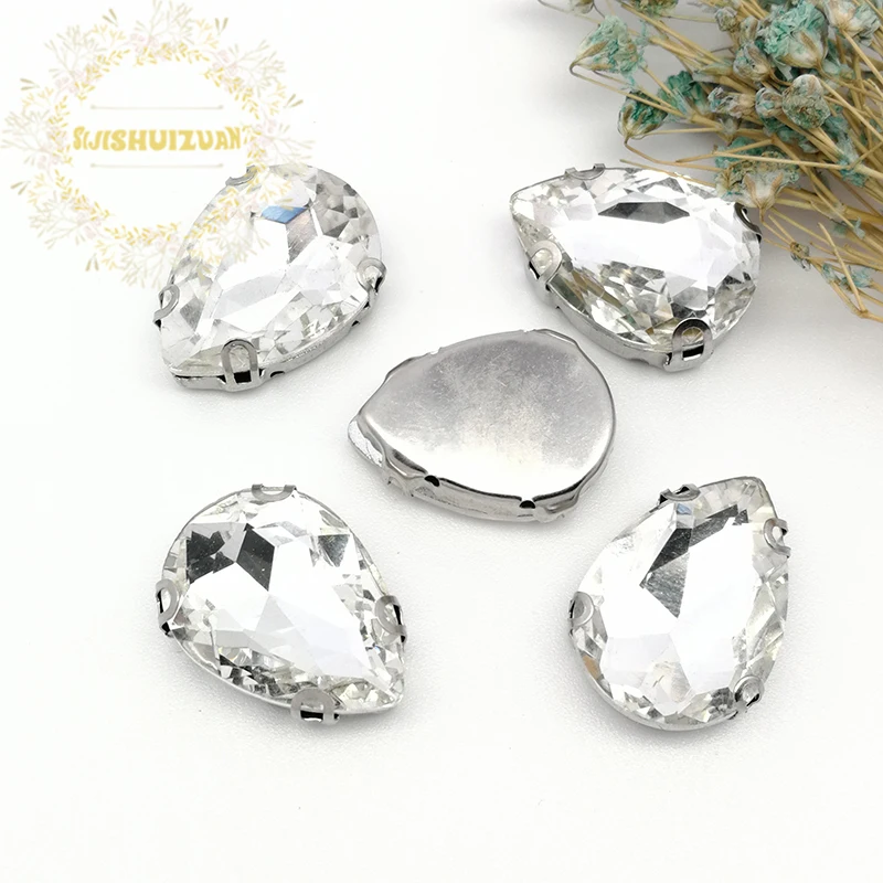 Best-selling! White Water Drop Shape Glass Crystal Sew On Rhinestones With D-Shape Claw Diy Wedding Dress Shoe