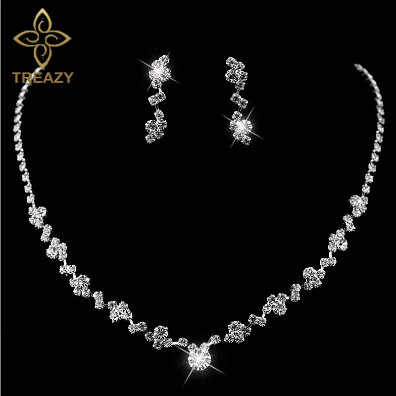 TREAZY New Silver Plated Rhinestone Crystal Choker Necklace Earrings Set Wedding Bridal Bridesmaid African Jewelry Sets