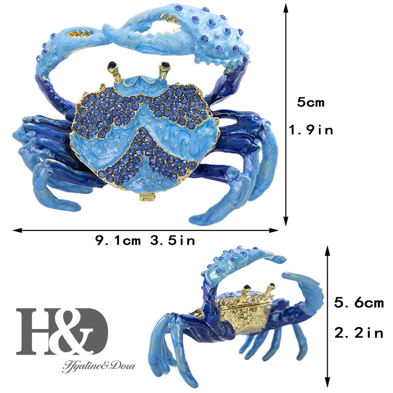 H&D Hand Painted Enameled and Jeweled Crab Trinket Box Ring Holder Hinged Jewelry Collectible Figurine with Gift Box