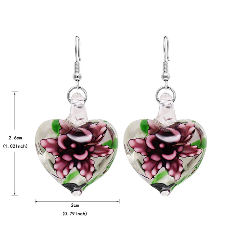 New Murano Glass Heart Flower Pendant Drop Earrings for Women Fluorescence Lampwork Morano Glass Pendant Dangle Earring Jewelry