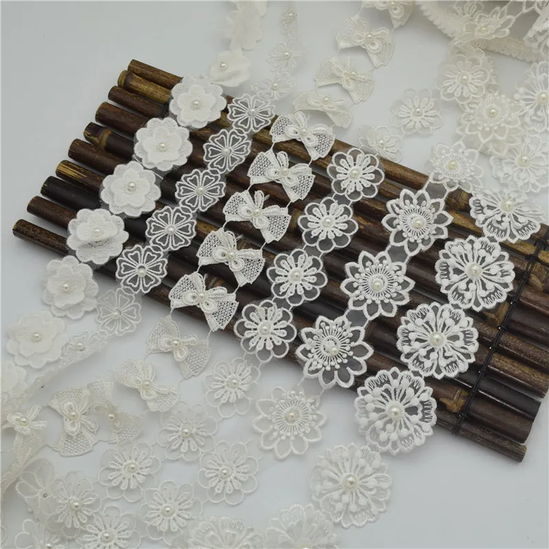 14.5yards cream white Beaded Pearls Rhinestones  Flower Layers Glitter Tulle r Lace Ribbon Applique Trim Venise Sewing on craft