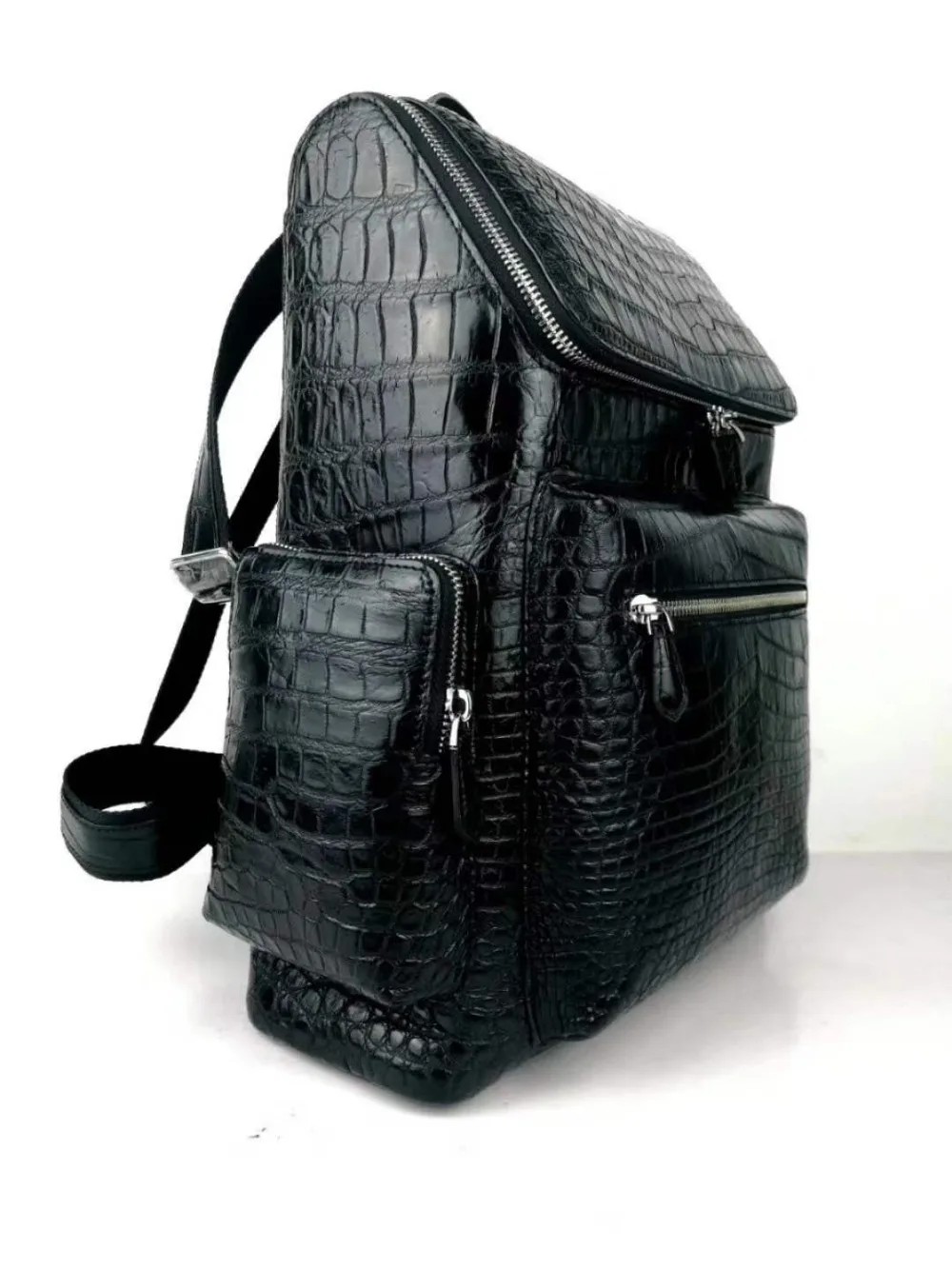 Top quality 100% real genuíno crocodilo barriga pele couro homens mochila saco preto cor homens saco diário rápido navio livre zip close