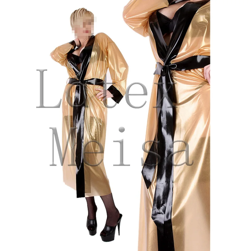 

Novelty women's kimono 100% natural latex long bathroomrobe in transparent and decorative with black trim