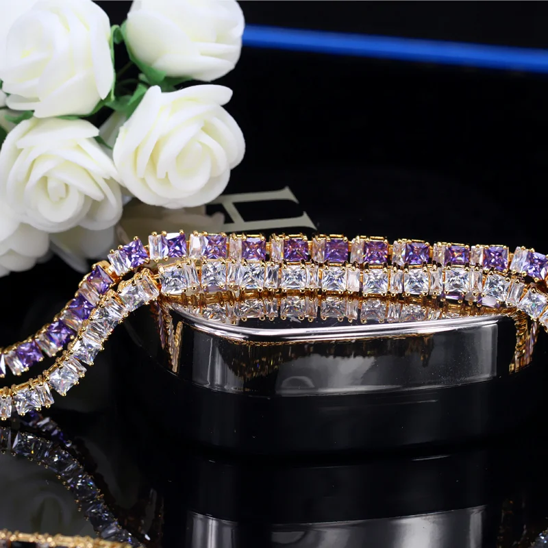 CWWZircons Stylish Square Cut Sparkling Cubic Zirconia Yellow Gold Color CZ Women Tennis Bracelet With Extension CB192