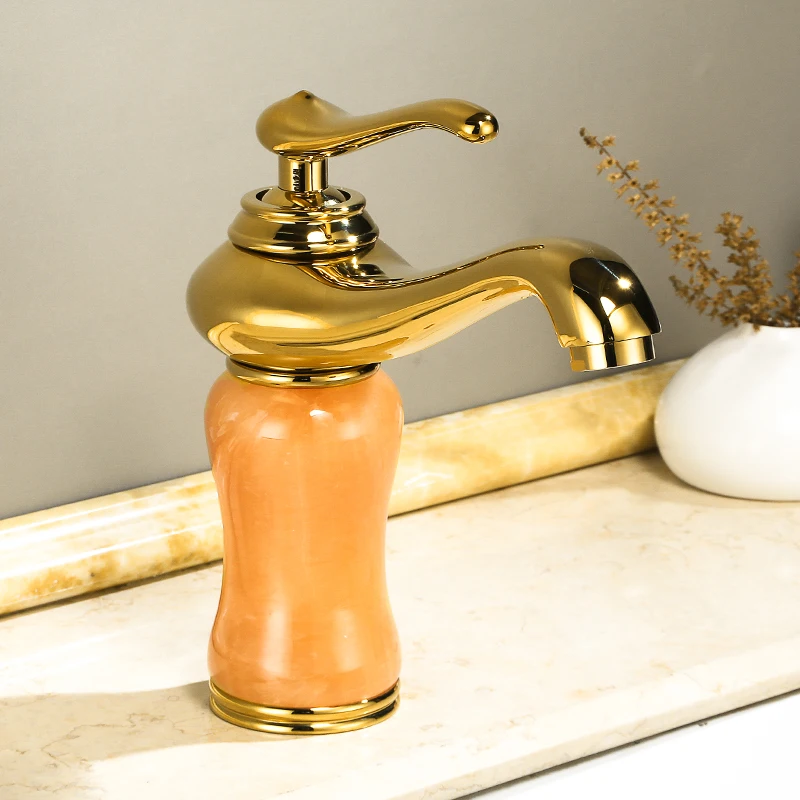 

Luxury Gold Brass Natural jade Bathroom Sink Faucet Golden Art Basin Mixer Taps Single Handle Lavatory Faucet,Gold Finish-SM446