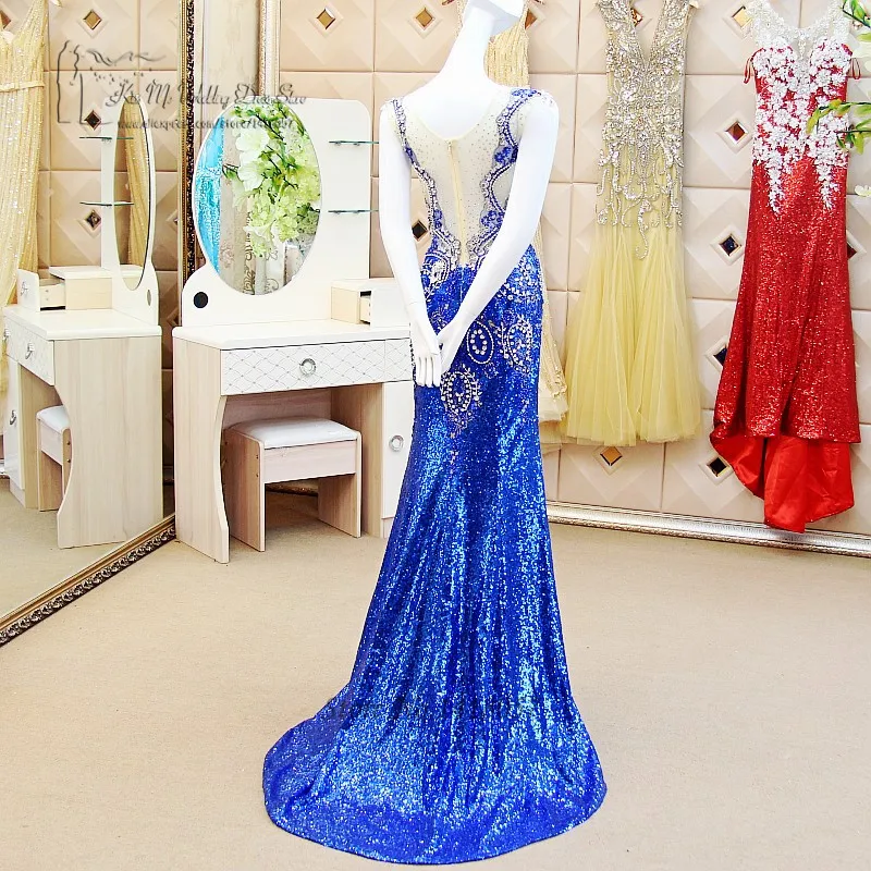 Luxury Royal Blue Evening Dress Crystals Rhinestones Mermaid Sequined Prom Dresses 2017 Sparky Robe de Soiree Courte Abendkleid