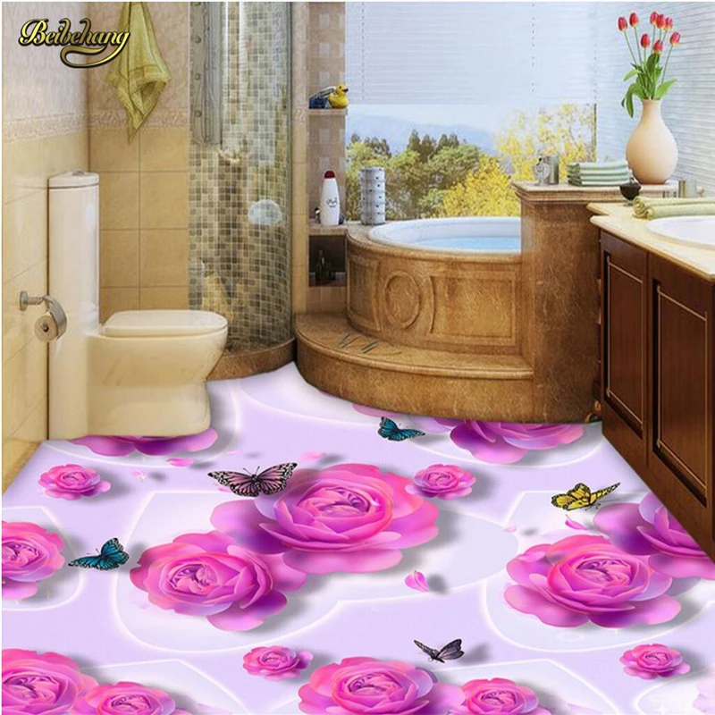 beibehang Pink rose butterfly Modern Floor painting Modern Art pebbles flower Waterproof Bathroom kitchen balcony PVC Wall paper