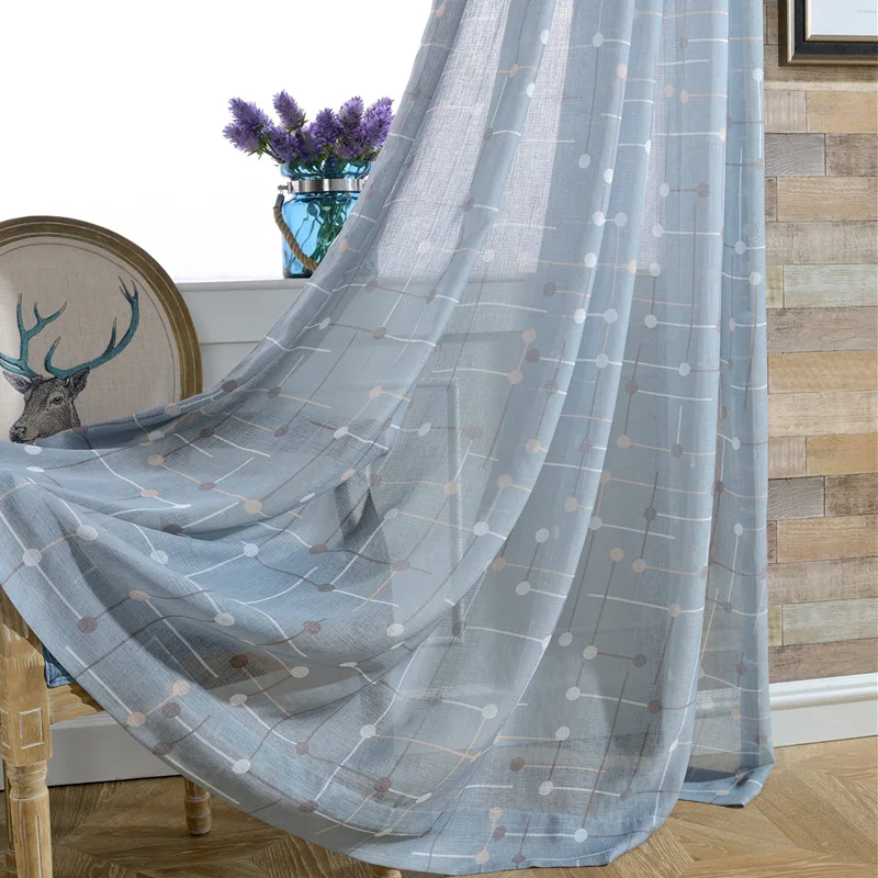 Checker BoardPrinted Sheer Curtains For Bedroom Modern Blue Tulle Curtain for Living Room Rideau Voilage  Cortinas CL-214