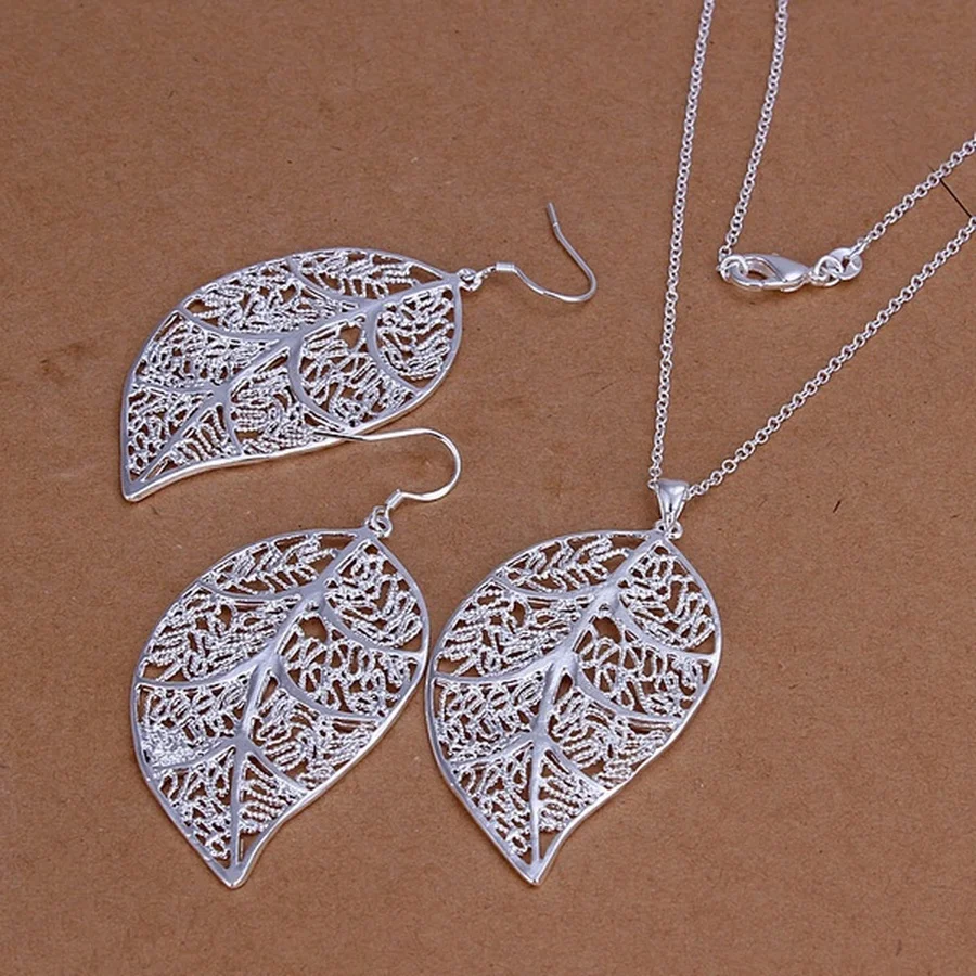 Hot Christmas gift retro exquisite hollow leaves pendant necklace Drop Earrings fashion Silver color jewelry sets S180