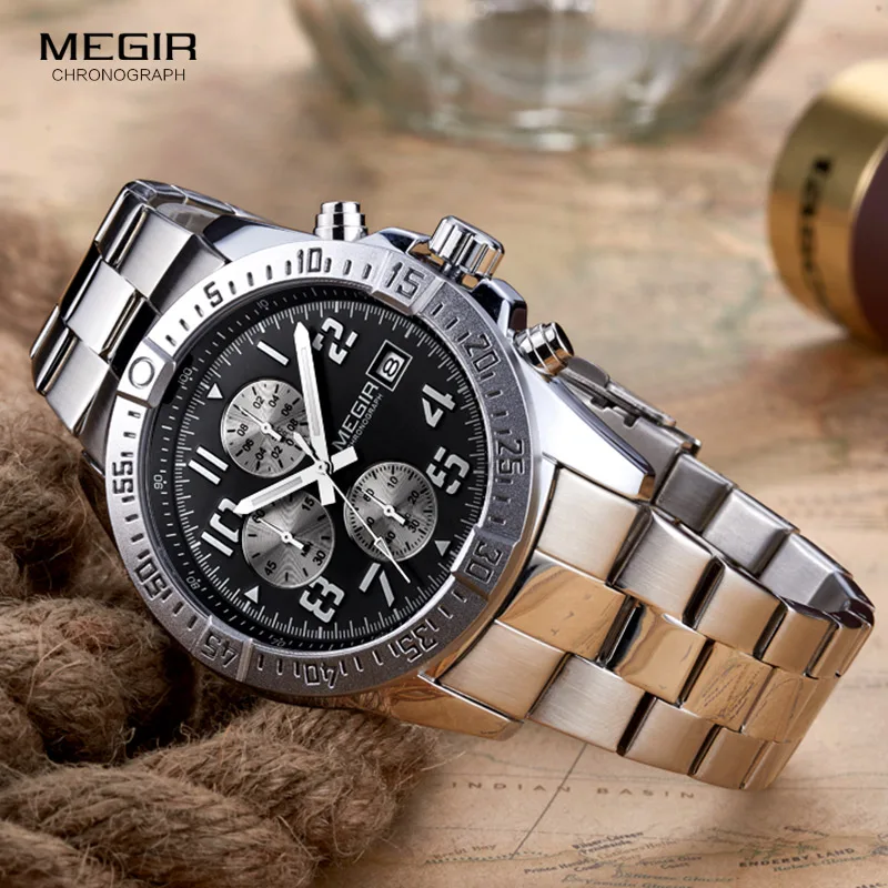 Megir Mens Chronograph Stainless Steel Quartz Watches Fashion Waterproof Luminous Round Dial Wristwatch for Man with Date M2030