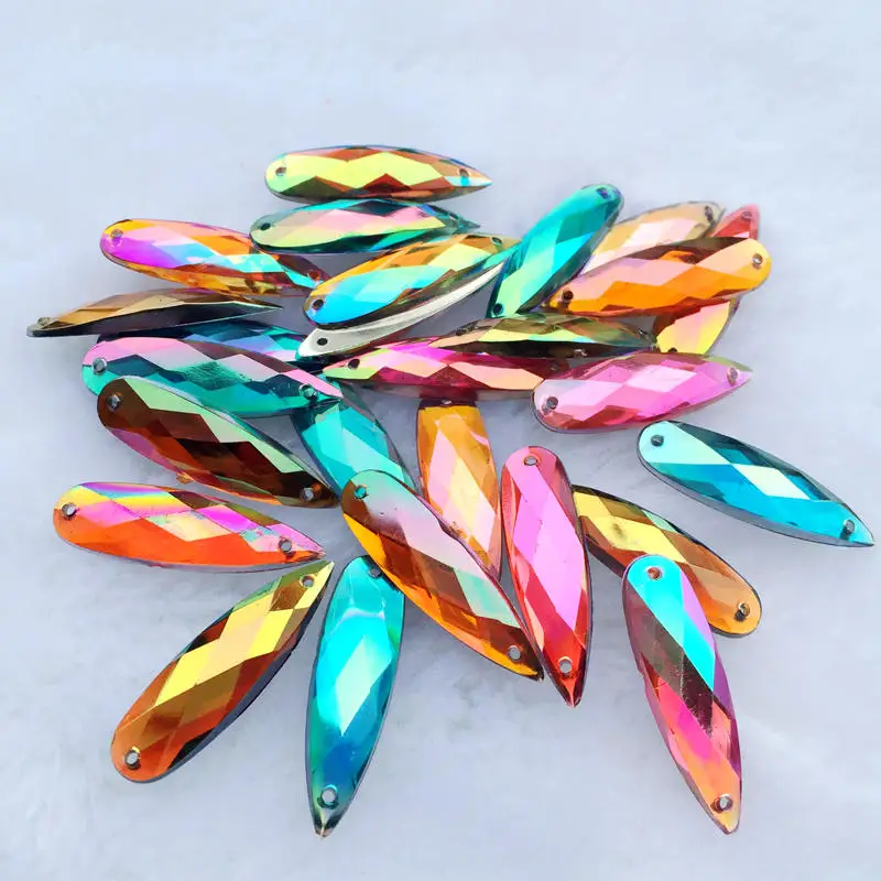 DIY 8*28mm AB Colorful Drop Pear stone crystals Flatback Acrylic Rhinestone trim sewing 2 Hole costume Button 25Pcs -S51A