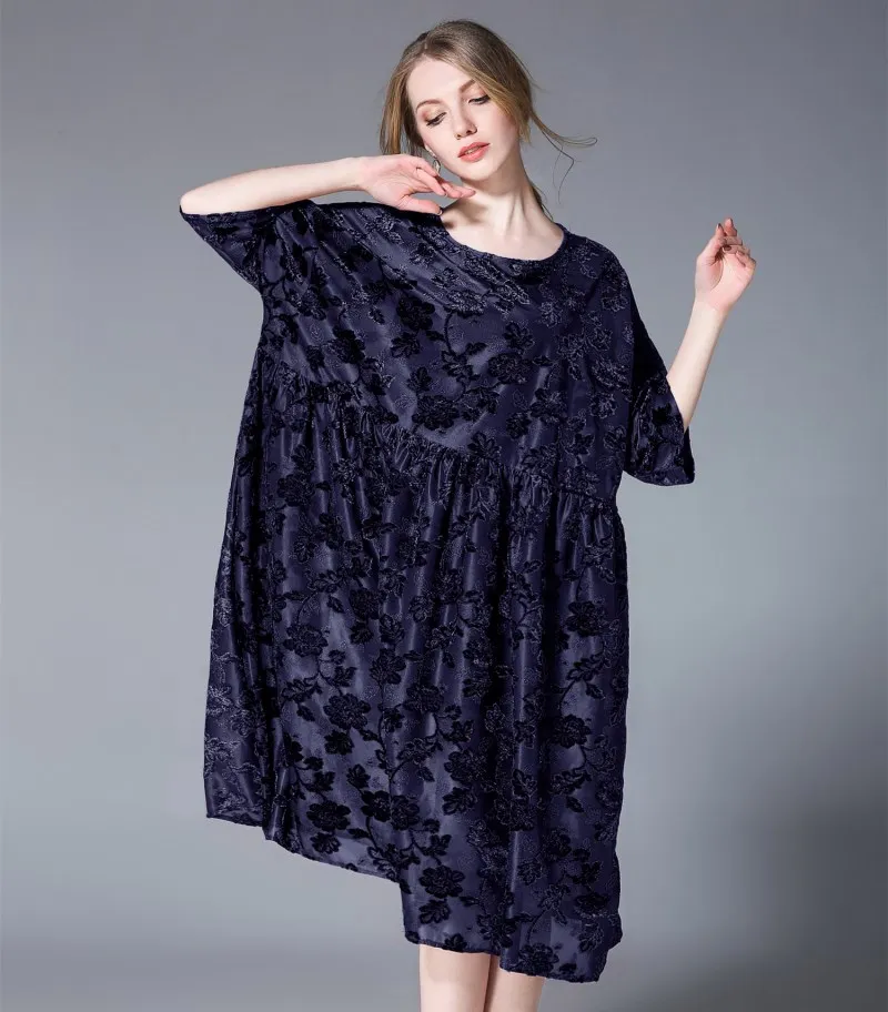 

2018 female new summer high quality plus plus size A-type large hem velvet fashion loose dress