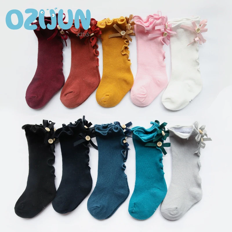 New Arrivals Baby Girls Newborn Cotton Knee-high Socks Trimmed Agaric Laces Bow and Button Kids girls Leg Warmers S/M/L/XL