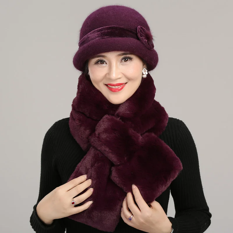 Gorro de lavabo de lana de punto para mujer, gorro de pescador grueso y cálido, bufanda elegante de terciopelo para madre de mediana edad H7158