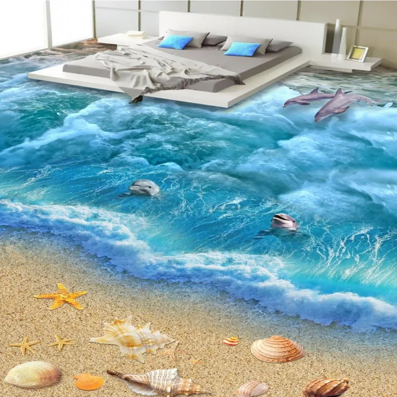 beibehang Custom Floor Wall paper 3D Stereo Dolphin Ocean Bathroom Mural Wallpaper Self-adhesive wall sticker floor painting