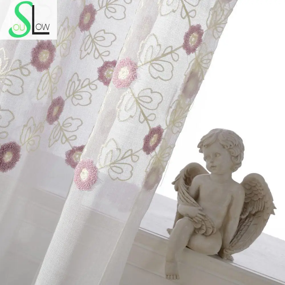 Color Towel Embroidery Thread Curtain Pink White Embroidered Floral Pastoral Curtains Cortinas For Living Room Kitchen Bedroom