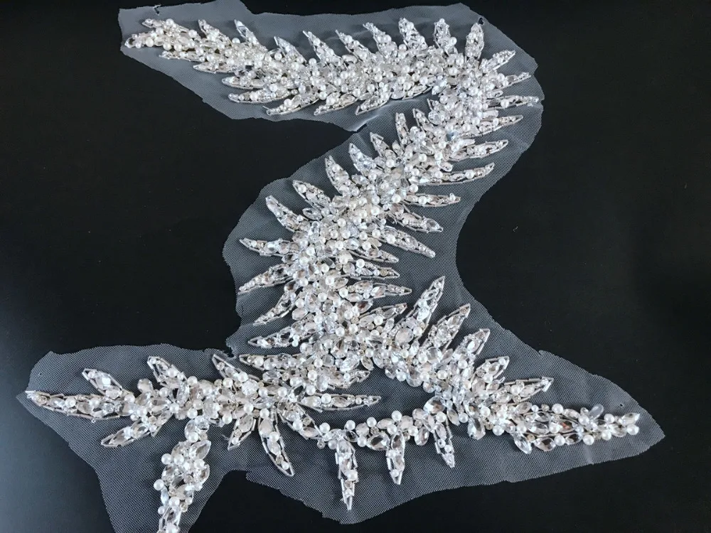 handmade silver white sew on rhinestones pearl applique on mesh crystals trim patches 36*34cm for wedding dress DIY accessories