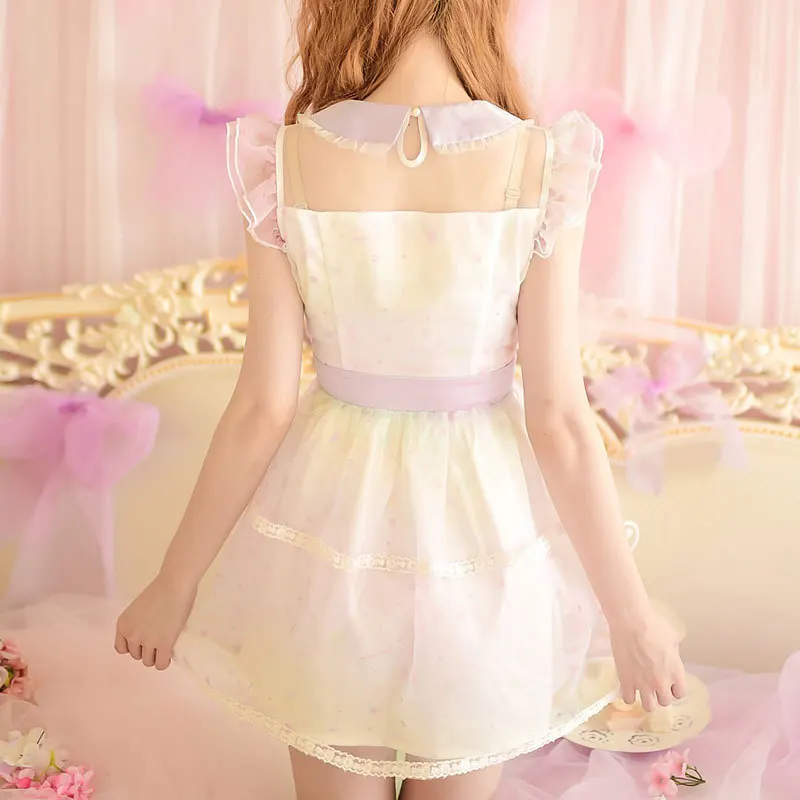 Princess sweet lolita dress Candy rain summer love Hollow out Lotus leaf sleeve rainbow organza purple bow lace dress C15AB5827