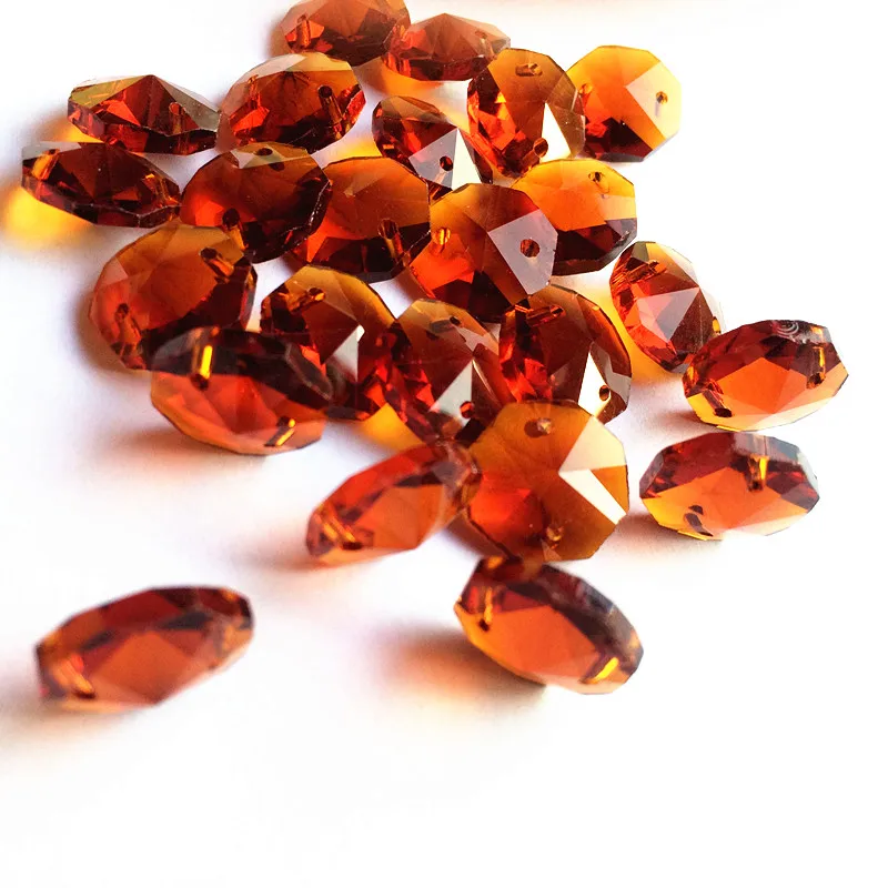 

100PCS/lot 14mm Brown Crystal Octagonal Glass Beads in 2Holes Diy Garland Strands(Free rings) For Chandelier Hanging Parts Decor