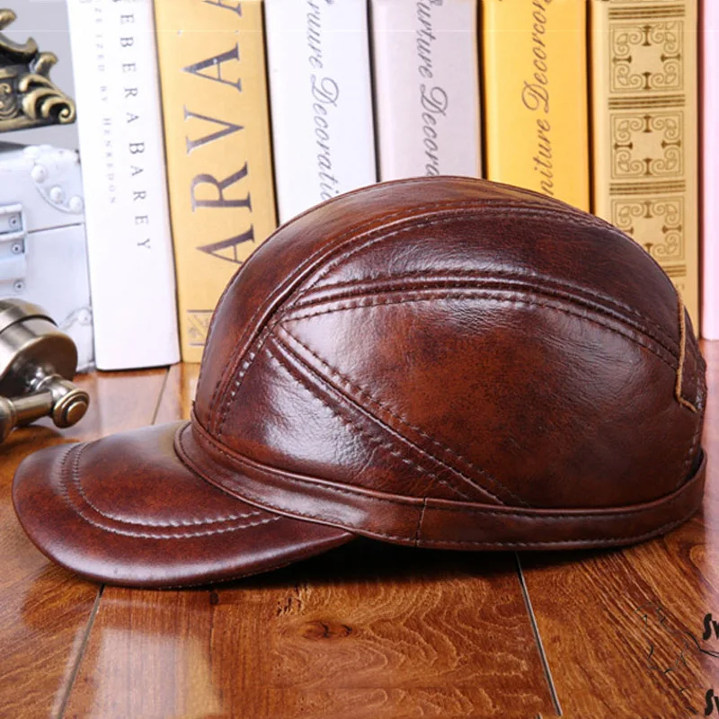 Wholesale 2024 Winter New Head Layer Cowhide Hat Men Casual Baseball Cap Hat Ear Warm High Quality Real Leather Peaked Cap