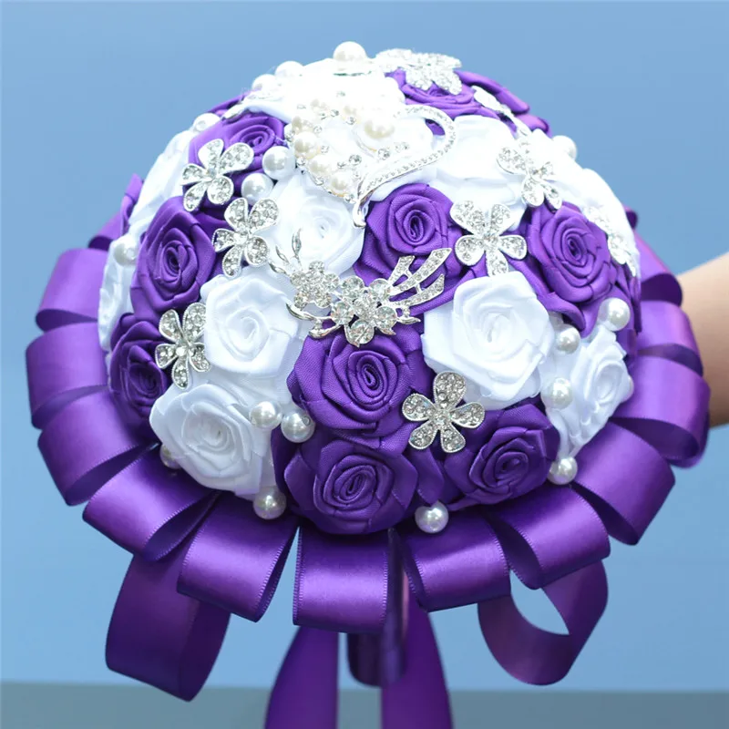 Wifelai-um roxo branco diamante bouquets de casamento de seda strass artificial rosa flores de dama de honra mariage bouquets W125-69