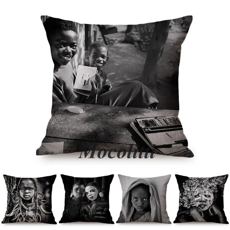 Africa Impression Primitive Tribe African Life Black and White Art Home Decorative Cushion Cover Museum Gallery Sofa Pillow Case