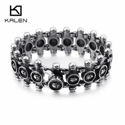 KALEN Punk 21.5cm Skull Bracelets Men Stainless Steel Matte Linking Skull Charm Bracelets Gothic Biker Halloween Jewelry