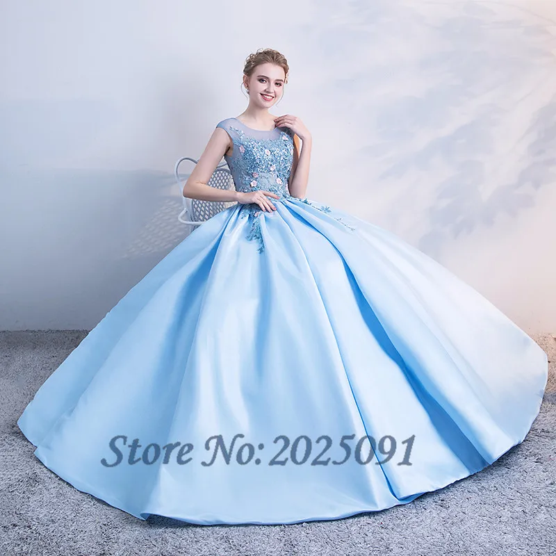 Hot Koop Blue Quinceanera Jurken 2019 Kant Applicaties Kralen Baljurk Lange Prom Gown Puffy Sweet 16 Jurk Voor 15 jaar