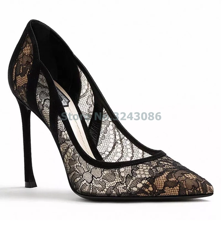 Black Lace Women Shoes Elegant Concise Lace Flower Banquet Pumps New Arrival Pointed Toe Thin High Heel Shoes