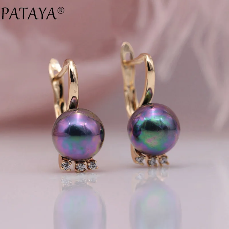 PATAYA New 585 Rose Gold Color Natural Zirconia AB Shell Pearls Dangle Earrings For Women Wedding Party Long Earring Jewelry