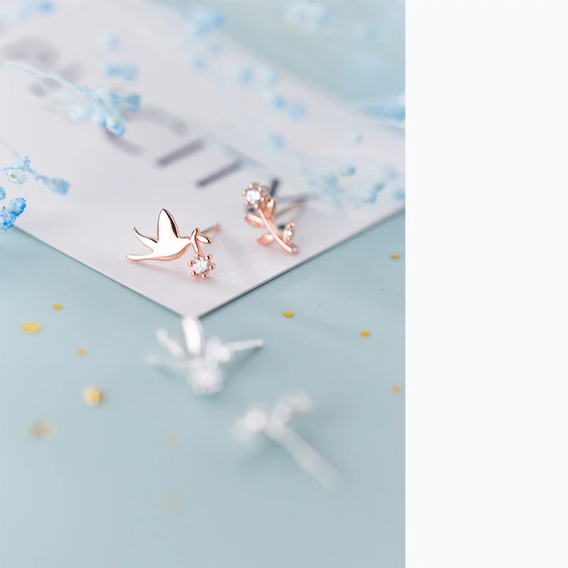 MloveAcc Lovely 925 Sterling Silver Earrings Crystal Cute Flower & Bird Zircon Tiny Stud Earrings for Women Wedding Party Jewelr