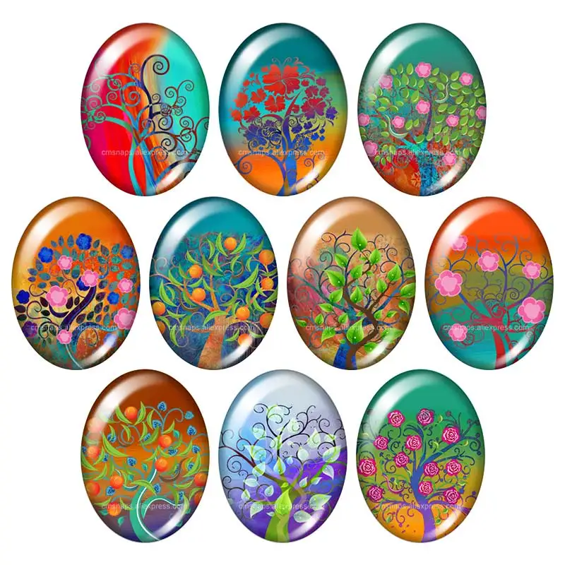 Beauty Colorful Magical Life Tree 10pcs 13x18mm/18x25mm/30x40mm mixed Oval photo glass cabochon demo flat back Jewelry findings