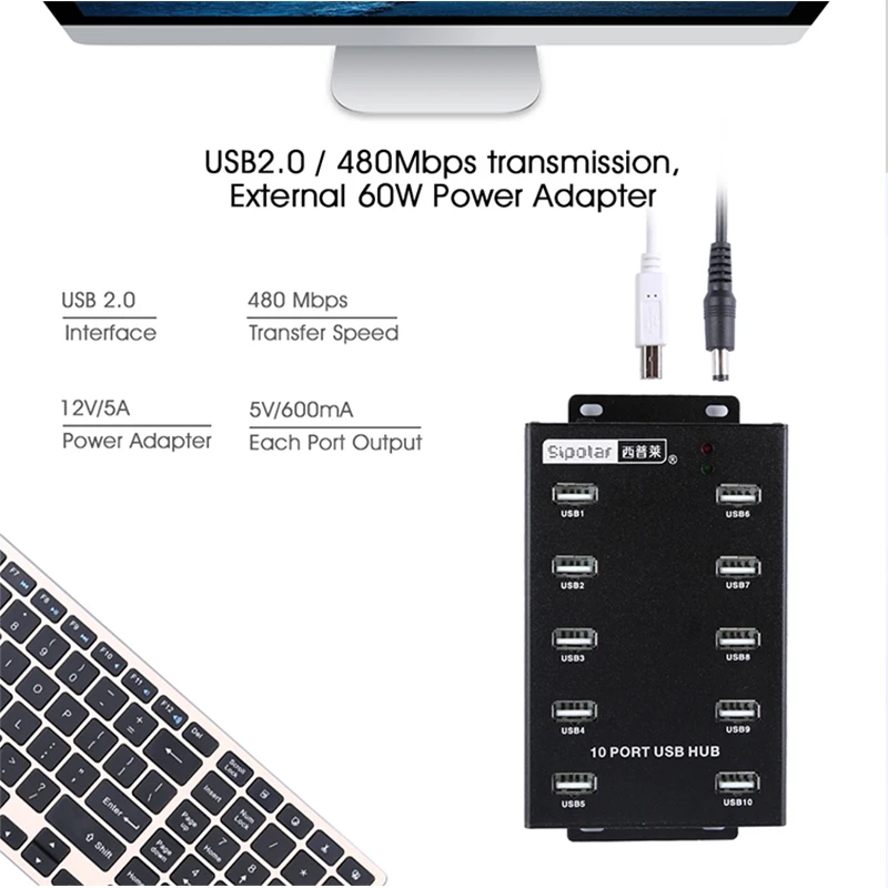 Sipolar 10 ports industrial wall and desk metal USB 2.0 hub powered por hub with power supply for Litecoin Bitcoin Miners A-300