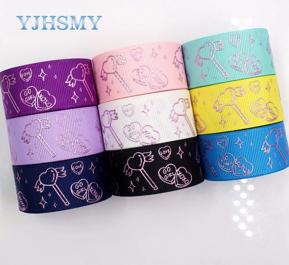 YJHSMY G-18808-900,25 mm 10 yards Laser silver love printed grosgrain ribbon DIY headdress wedding gift packaging material