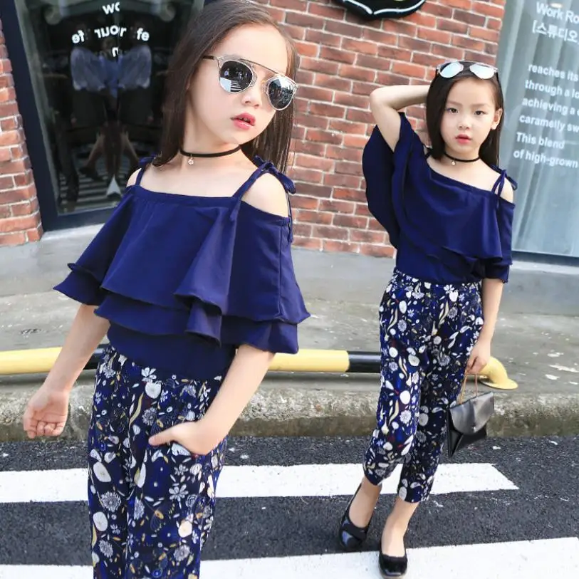 New Girls Sets Clothes Kids Tops Floral Pants 2 PCS Set Children Summer Suit Girls Outfits 7 8 9 10 11 12 13 14 Years ws289