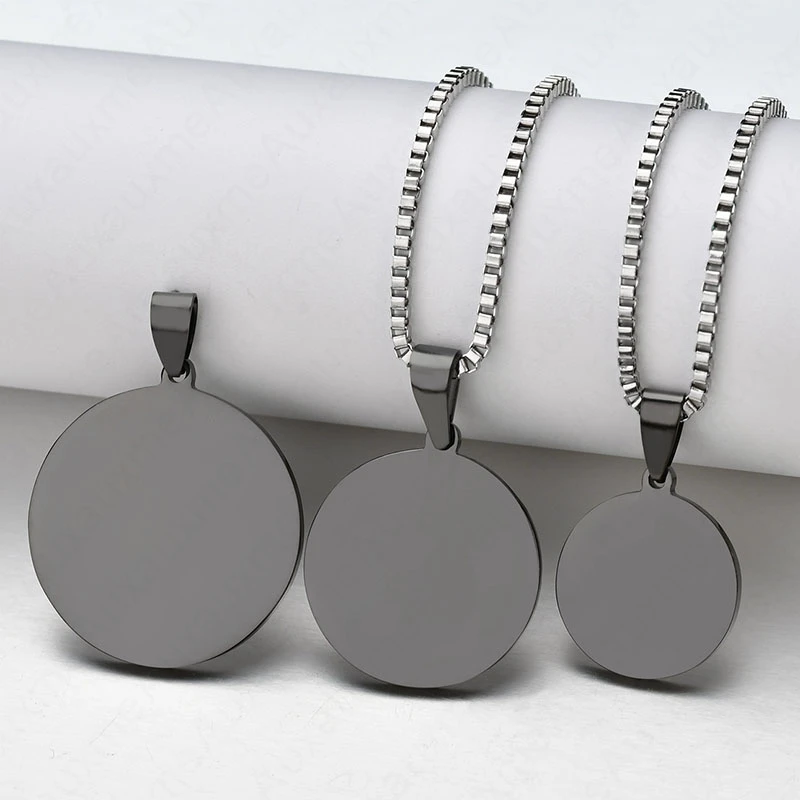 Auxauxme Engrave Photo Round Pendant Necklace For Women Men Customized Words Tag Medal Necklace With Link Chain Christmas Gifts