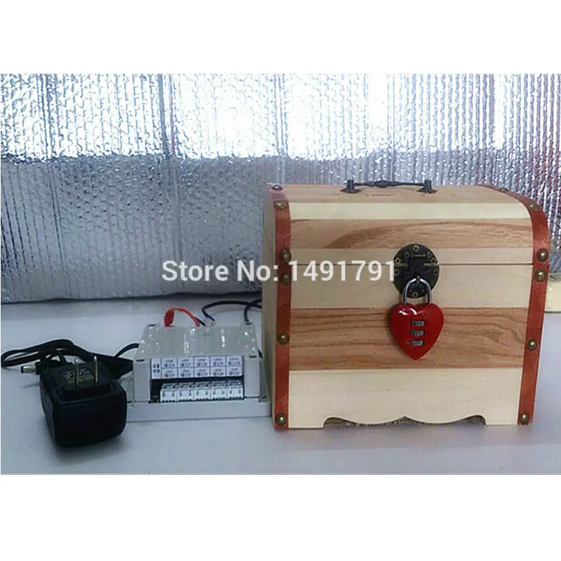 Takagism game real life escape room game Audio effect props coin machine with vintage wooden drawer