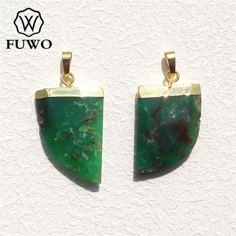 FUWO Wholesale Chrysoprase Horn Pendant,Golden Plated Tusk Shape Natural Stone Accessories For Jewelry Making 5Pcs/Lot PD100