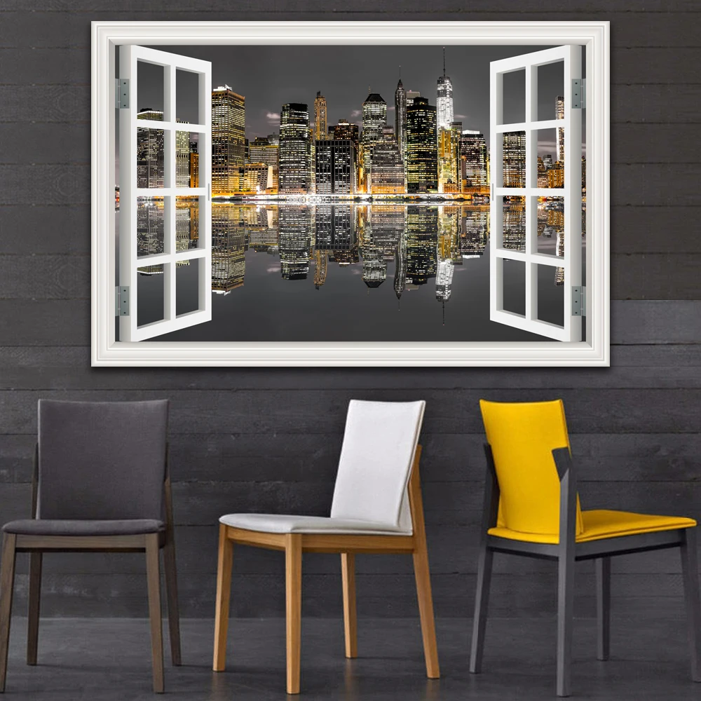3D Window View Wall Sticker, Night City Landscape Decal, Vinyl Wallpaper Peel and Stick, Home Decor, Living Room