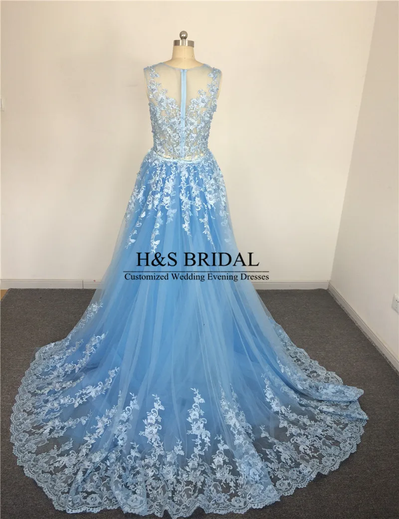 Real Picture vestido de noiva casamento Sheer Neck light blue wedding gown Beaded Pearls Lace Wedding Dresses Detachable Train