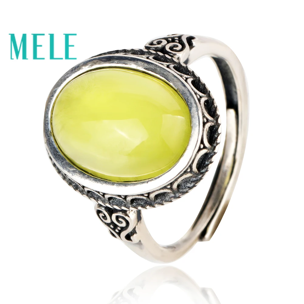 MELE Natural Yellow Prehinte 925 sterling silver rings for women and man,10X14 Oval cut Vintage carving style fashion jewelry