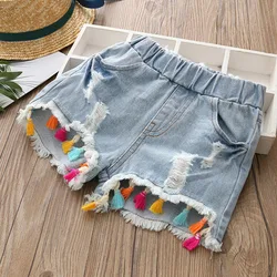 Short en jean avec pompon pour enfants, short en jean pour enfants, short en jean pour bébé, short en jean pour filles, mode d'été, beauté, mignon, 2, 3, 4, 5, 6, 8, 10, 12 ans, chaud, 2024