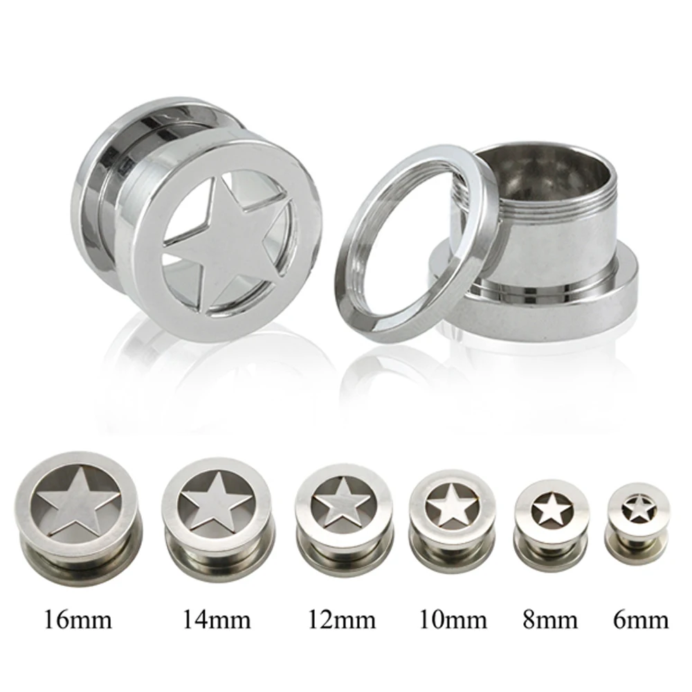 

6 Pairs Stainless Steel Double Flared Screw Fit Flesh Tunnel Ear Plug with Star Body Jewelry Piercing Earring Gauge