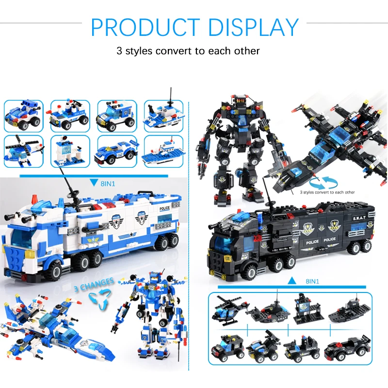 825 + Stuks Creative City Politie Bouwstenen 8 In 1/6 In 1 Robot Helicopter Politie Station Cijfers Blokken Diy bricks Kinderen Speelgoed