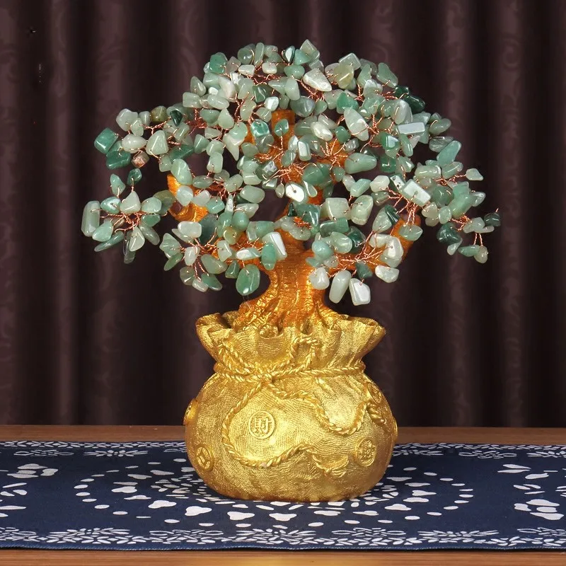 

Money Wealth Bag Feng Shui Lucky Tree Natural Green Dongling Jade Crystal Gem Tree Crystal Tree