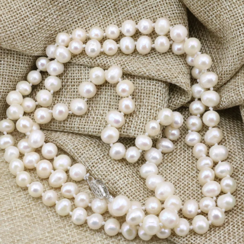 Fashion 7-8mm pearl natural pearls white beads necklace for women long chain charms jewelry making high grade gifts 36inch B3239