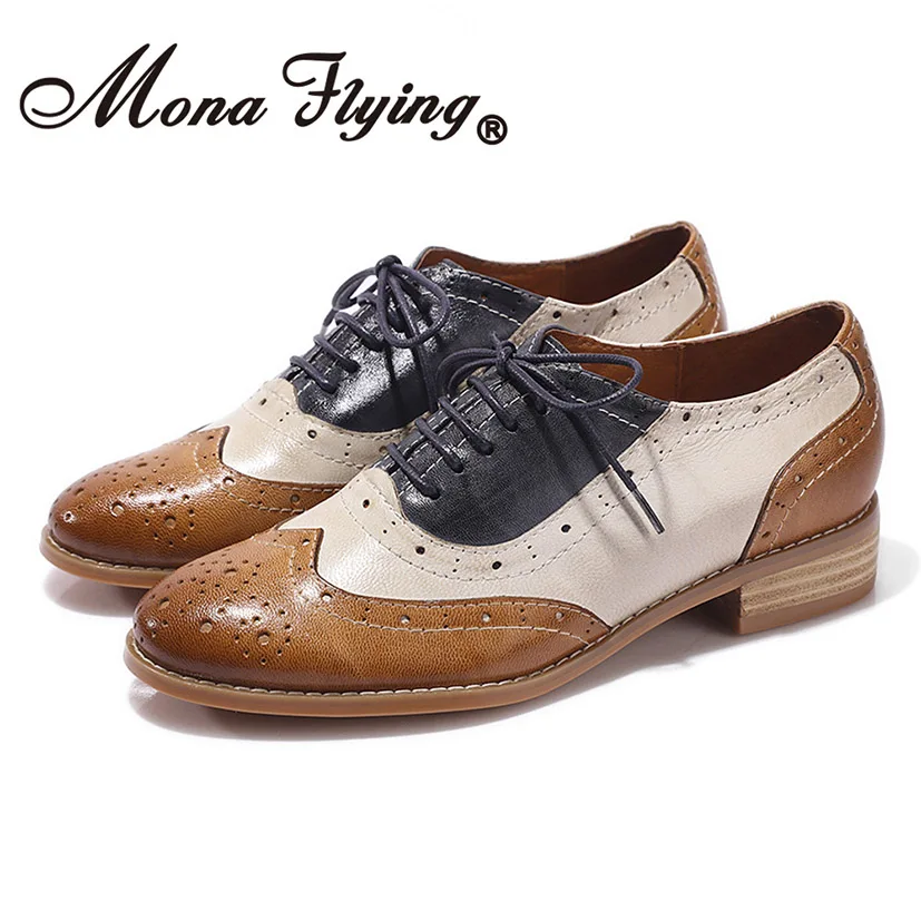 Mona flying Women Leather Wingtip Oxfords sella Brogue perforata colori misti Casual Flats scarpe stringate per donna CS-A068