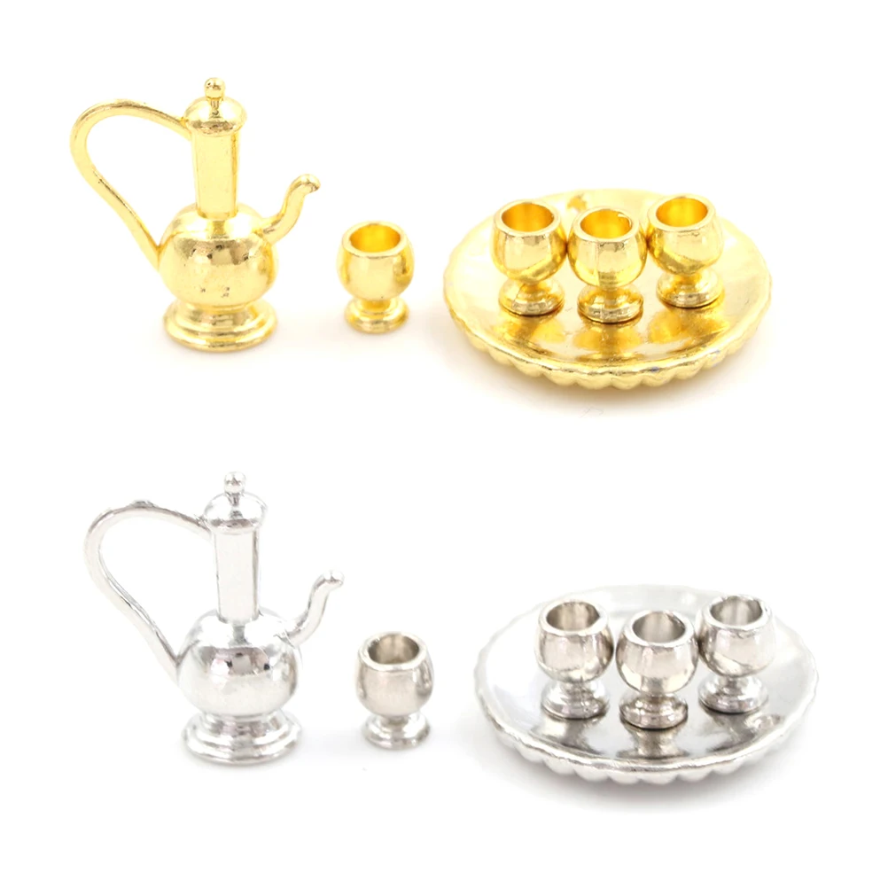 1:12 DIY Dollhouse Silver Classic Metal Tea Party Doll House Accessories Teapot Set Dollhouse Miniatures Accessories