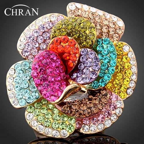 CHRAN Lovely Design Gold Color Austrian Crystal Flower Finger Rings for Women Fashion Ladies Party Jewelry Gifts