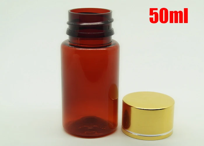 20PCS 50ML/50CC Red Amber Color PET Packing Empty Bottles, Capsules/Pills/Powder/Vitamin Plastic Bottles With Golden Screw Caps